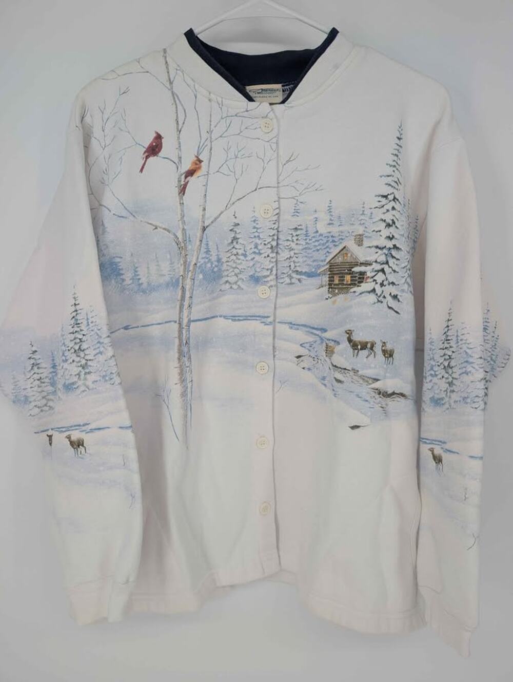 Vintage Artisans Women M Winter Cabin Cardinal Deer Cardigan Grandmacore Y2K